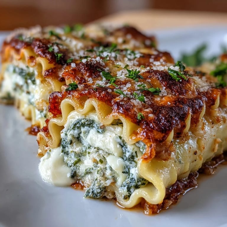 Złociste, pieczone roladki z makaronu lasagne wypełnione kremowym nadzieniem serowym z szpinakiem, skąpane w aromatycznym maśle czosnkowym.