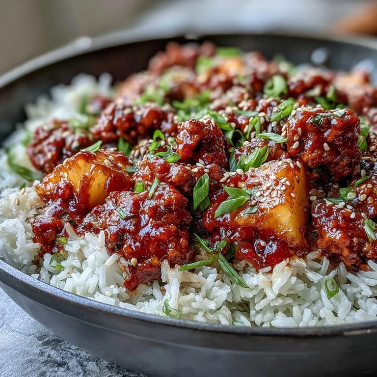 A vibrant bowl of sweet-and-sour turkey rice skillet, garnished with scallions and sesame seeds, ready for a weeknight dinner.