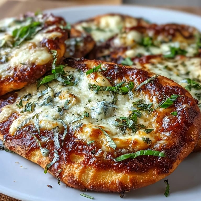 A close-up of bubbling mozzarella and marinara on golden garlic butter brushed naan bread.