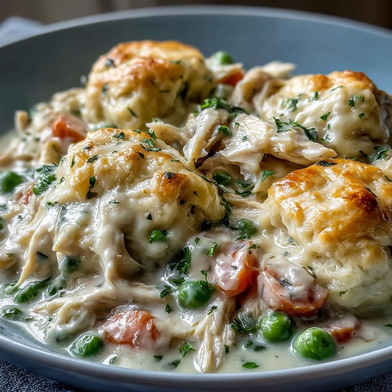 Spoonfuls of Slow Cooker Ranch Chicken & Dumplings served hot with peas and carrots.