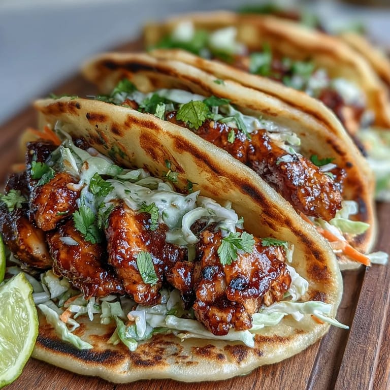 Two Honey Garlic Naan Chicken Tacos stuffed with glazed chicken and tangy slaw, garnished with cilantro.