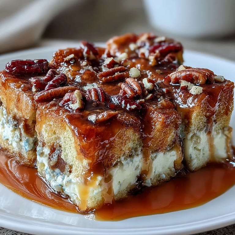 Freshly baked Caramel Cream Cheese French Toast Casserole drizzled with sweet caramel and dusted with powdered sugar.