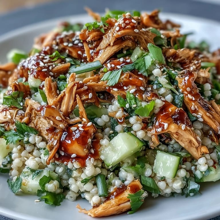 Healthy Asian Sesame Chicken Couscous Salad served chilled with lime wedges, perfect for quick lunches or potlucks.