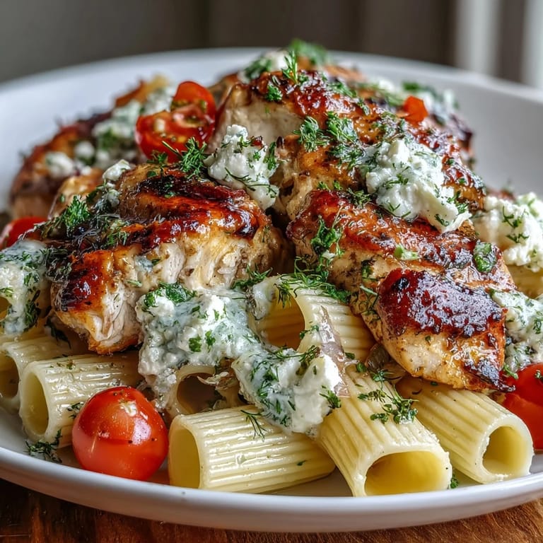 Roasted Garlic & Feta Chicken Pasta plated with a golden roasted chicken breast, penne, and fresh herbs.