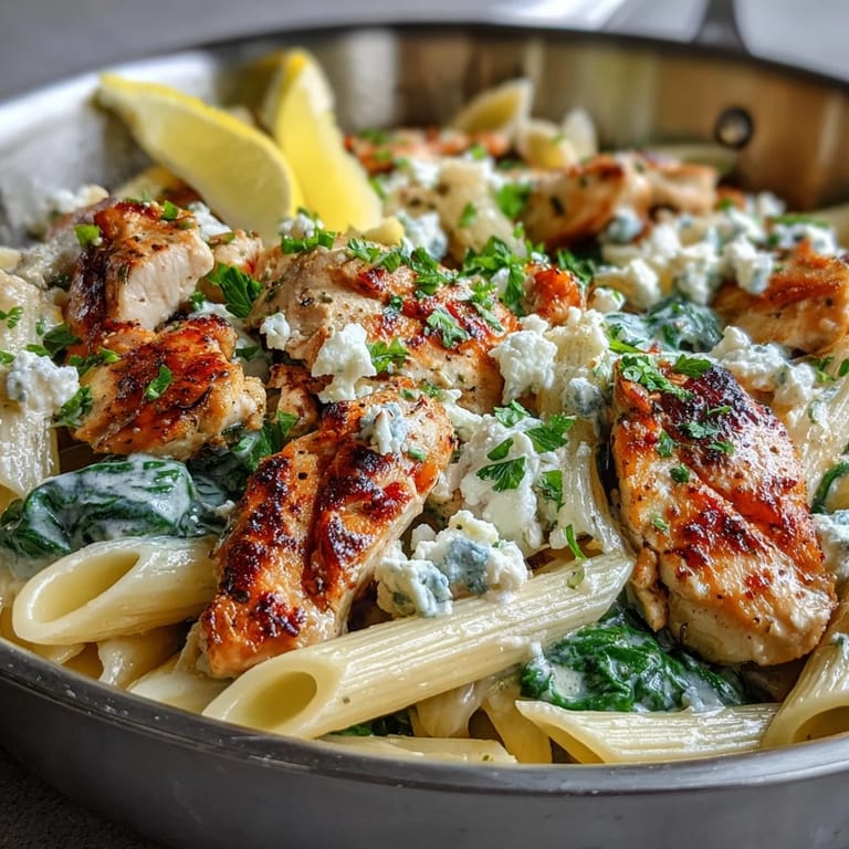 A close-up of Greek Chicken Feta Pasta Skillet garnished with fresh parsley and lemon wedges.