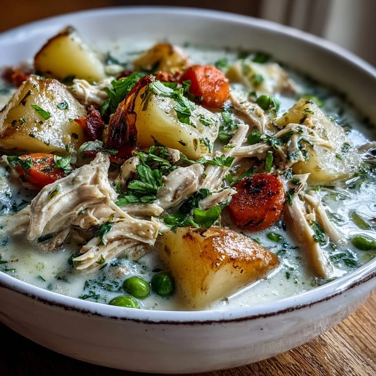 A steaming ladle of Creamy Chicken Pot Pie Soup reveals tender chicken, peas, and diced carrots in a herb-infused broth.