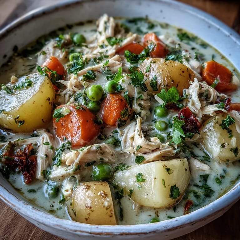 Close-up of Creamy Chicken Pot Pie Soup with heavy cream swirls, vibrant peas, and shredded rotisserie chicken in a rich base.