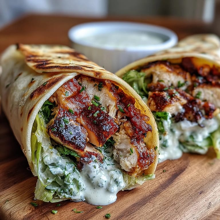 Golden garlic naan wraps filled with Caesar salad and juicy grilled chicken, served with lemon.