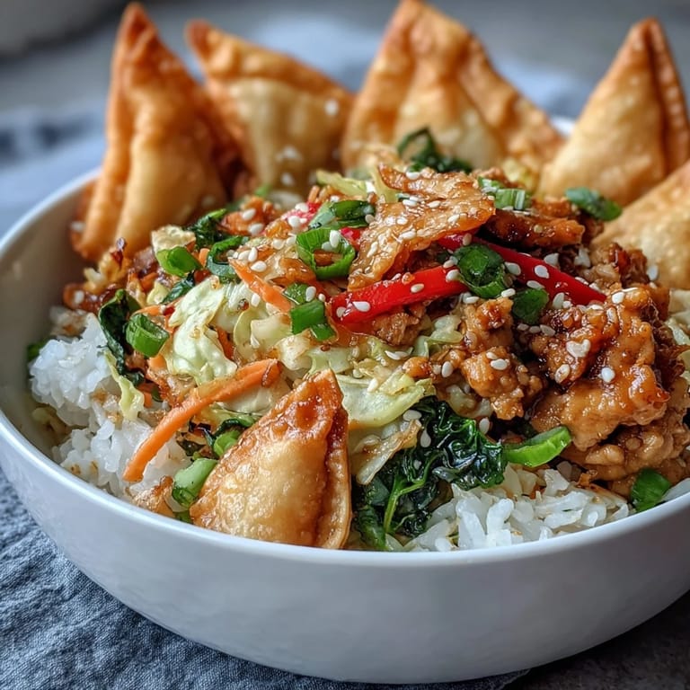 Ground chicken, cabbage, and carrots stir-fried with ginger and garlic in a savory sauce for this deconstructed egg roll bowl.
