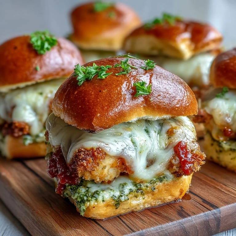 Freshly baked Pesto Chicken Parmesan Sliders on a tray, featuring toasted brioche buns, melted cheese, and juicy chicken.