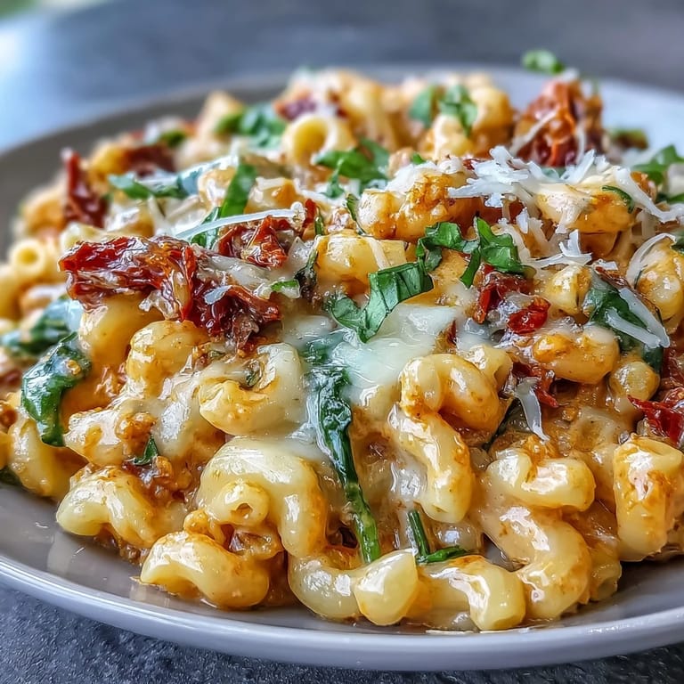 Bowl of Creamy Tuscan Chili Mac with Parmesan and fresh basil, paired with a glass of white wine on a rustic wooden table.