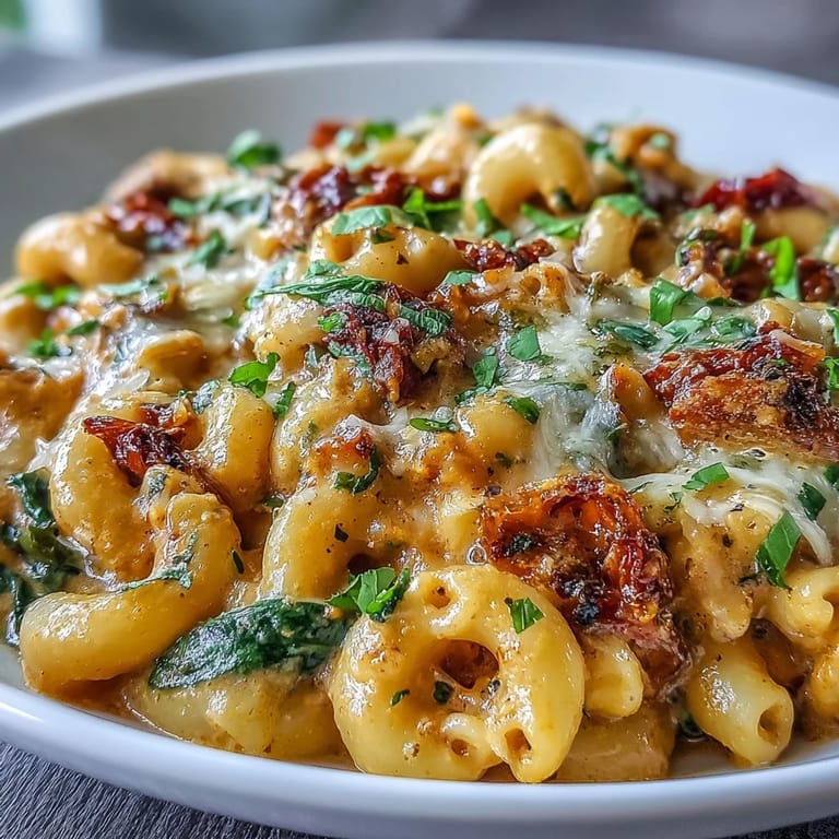 One-pot Creamy Tuscan Chili Mac with ground beef, elbow pasta, and colorful vegetables in a rich, creamy tomato sauce.