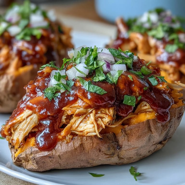 Roasted sweet potatoes stuffed with saucy Honey BBQ Chicken, garnished with green onions and sour cream for serving.