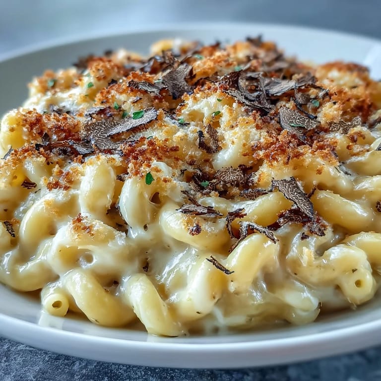 A close-up view of creamy Truffle Mac & Cheese featuring elbow macaroni coated in a four-cheese blend and finished with drizzled black truffle oil. The golden, crunchy panko topping contrasts beautifully with the smooth sauce, perfect for inspiring home cooks seeking a gourmet comfort food recipe.