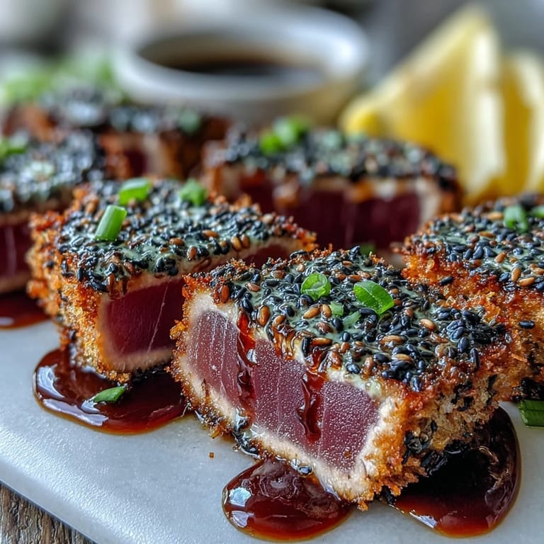 Sushi-grade Black Sesame Seed Crusted Tuna with Wasabi Mayo served on a white platter with pickled ginger, drizzled with creamy green wasabi sauce.