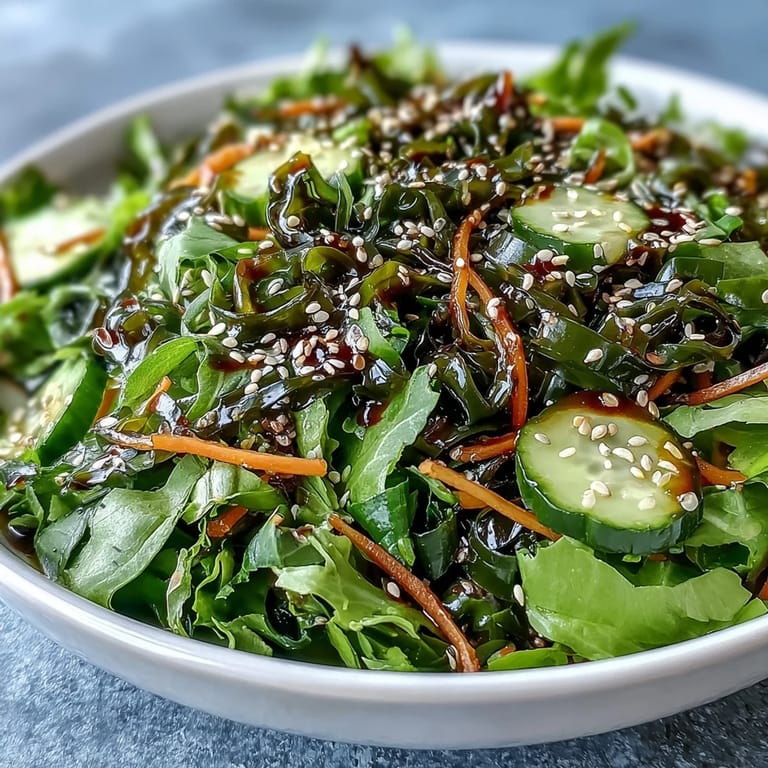 Sałatka Seaweed & Nori Crunchy z marchewką, ogórkiem i sezamem podana na białym półmisku.