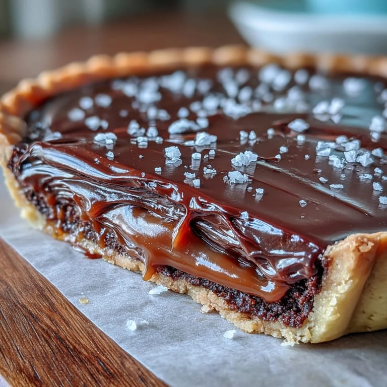 Warm Salted Caramel Chocolate Tart served with a dollop of whipped cream, ready to slice.