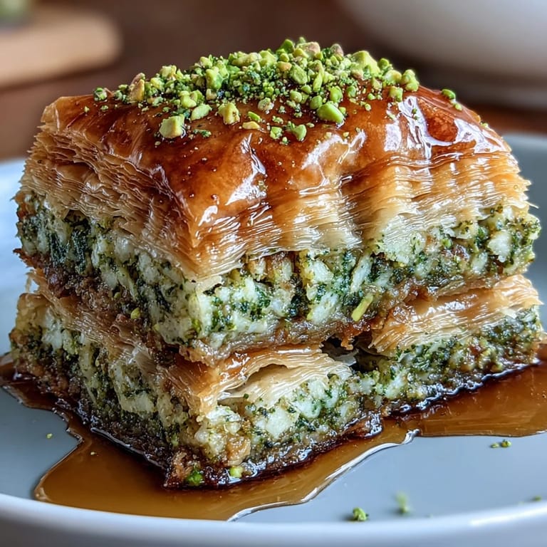 Close-up of freshly baked pistachio and honey baklava cut into diamond shapes, golden and crisp.