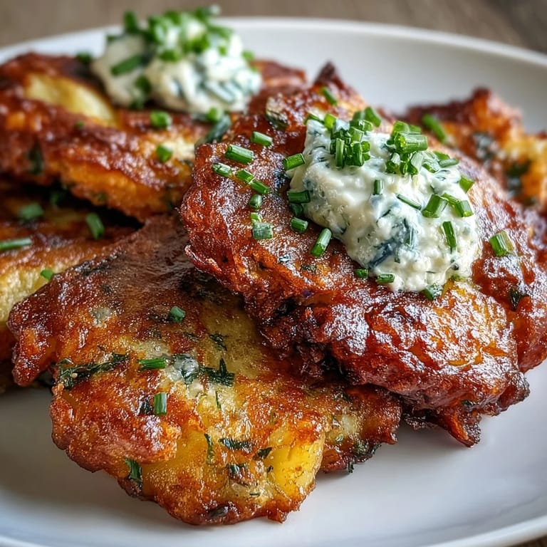 Ręcznie uformowane Smashed Potato & Herb Fritters, smażone na patelni z ziołami, podane na drewnianej desce z sosem.
