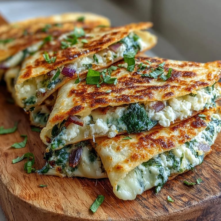 Letnie Quesadillas z Feta i Szpinakiem, podane z sosem tzatziki i plasterkami pomidora na desce do krojenia.