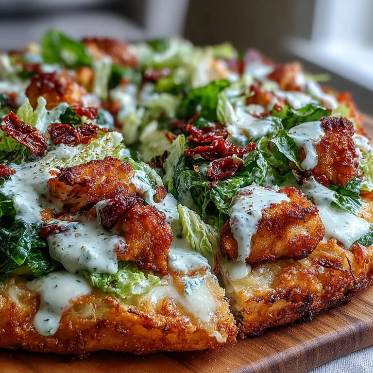 Pieczony kurczakowy spód Pizza Crust Caesar Salad z sosem Cezar i świeżym pieprzem.