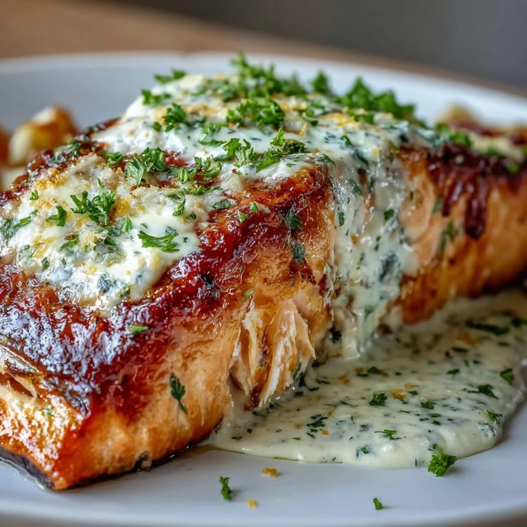Golden baked salmon fillets covered in creamy lemon butter sauce, served with steamed vegetables and fluffy rice