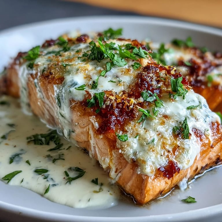 Easy Creamy Baked Salmon with Lemon Butter Sauce for a weeknight dinner on a rustic wooden table