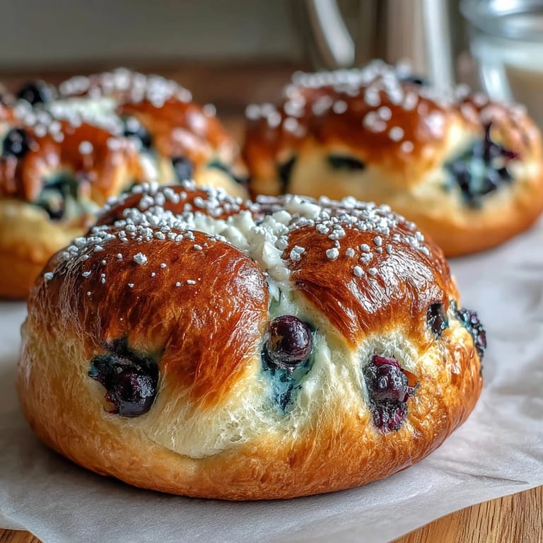 Four golden-brown Cottage Cheese Blueberry Cloud Bread rounds topped with fresh blueberries on a rustic wooden board.