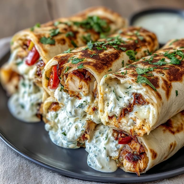 Warm Chicken Bell Pepper Ranch Burritos cut in half, showing melted cheese and ranch drizzle.