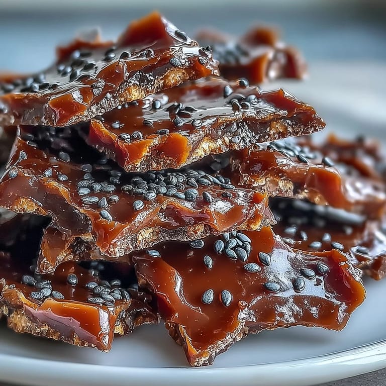 Rack-cooled Black Sesame Brittle broken into shards, airy texture visible from baking soda foam.