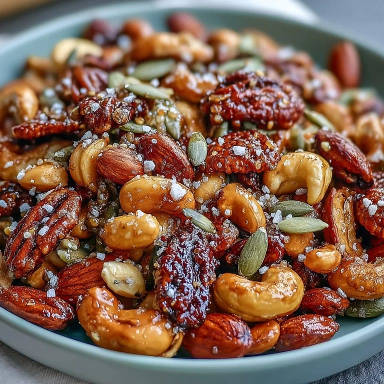 A close-up of Salted Honey & Peanut Snack Mix highlights crunchy seeds and cashews on a baking sheet, perfect for party grazing.