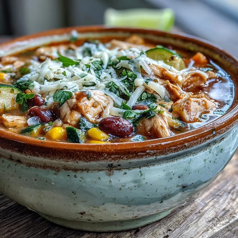 Steaming High-Protein Chicken Taco Soup with Veggie Confetti served with lime wedges and tortilla chips