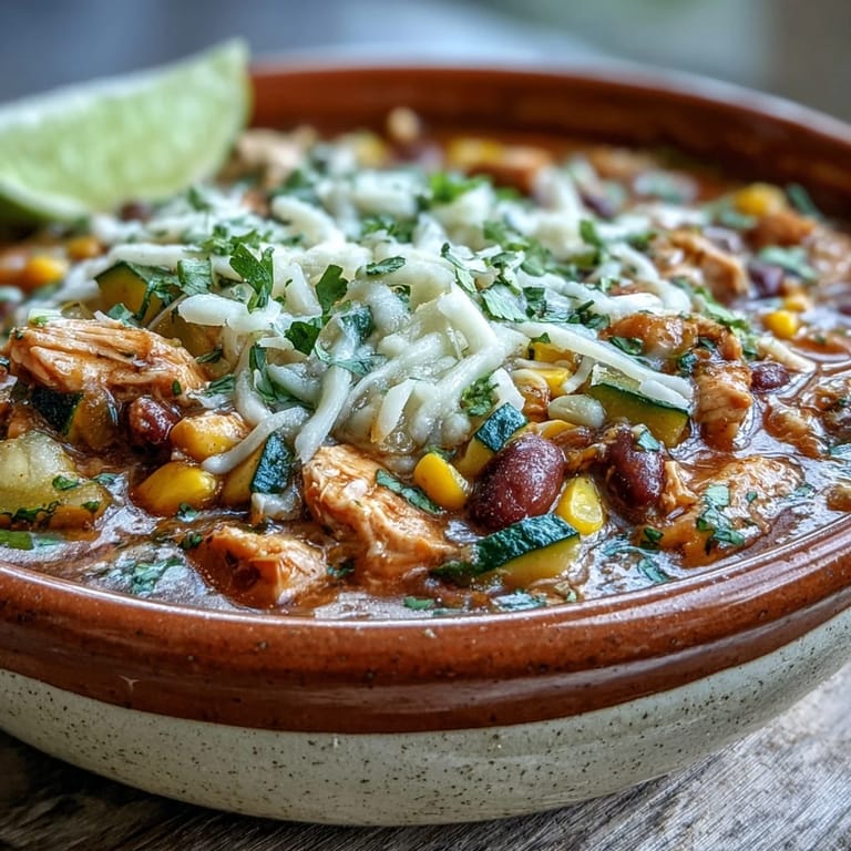 Close-up of High-Protein Chicken Taco Soup with Veggie Confetti featuring corn and kidney beans