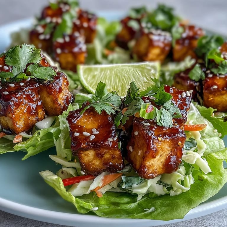 Golden glazed tofu in Vegan Sweet Chili Tofu Lettuce Cups, served with bright shredded veggie slaw in romaine