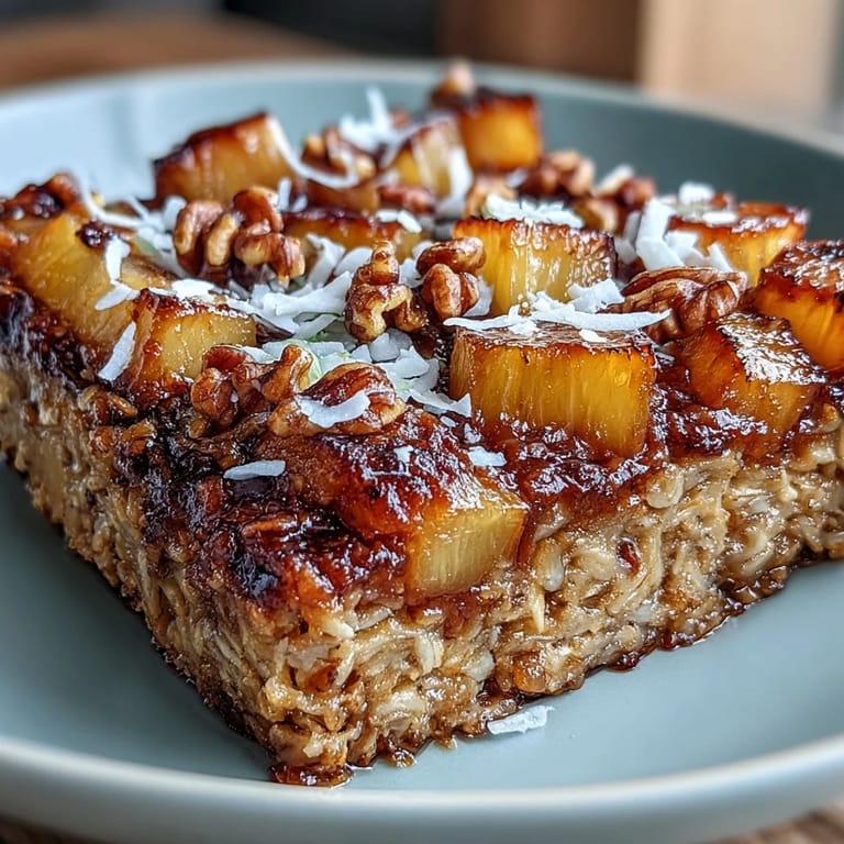 A generous slice of Vegan Tropical Oatmeal Bake with Pineapple and Coconut pairs with creamy vegan yogurt, revealing juicy pineapple chunks and glistening oats for an inviting brunch plate.