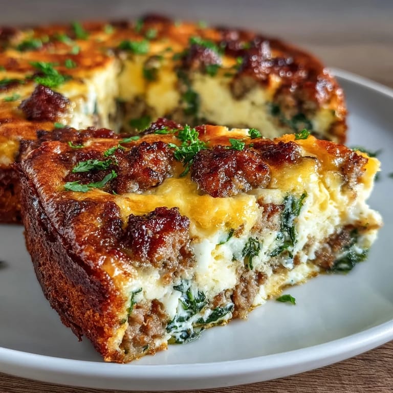 Hearty slice of Keto Sausage, Egg, and Spinach Breakfast Bake showing fluffy eggs and melted cheese on a plate. 