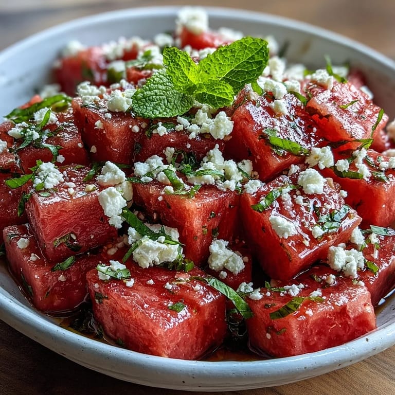 Creamy 5-Ingredient Watermelon Feta Mint Salad with juicy cubes and mint garnish on a rustic table.