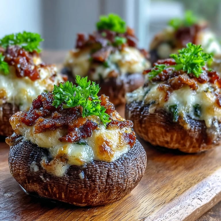 Kremowe nadzienie z bekonem w Keto Bacon and Cheese Stuffed Mushrooms, idealne na imprezę.