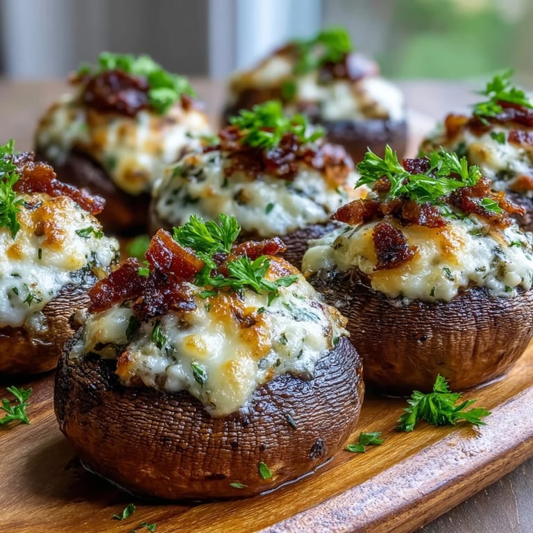 Pieczone Keto Bacon and Cheese Stuffed Mushrooms serwowane na stole z zieloną pietruszką.