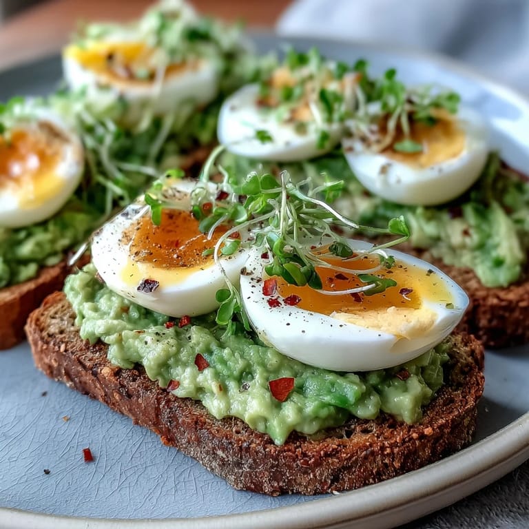 A nourishing Clean Eating Avocado Toast with Soft-Boiled Egg and Microgreens, perfect for a quick vegetarian breakfast with vibrant colors.