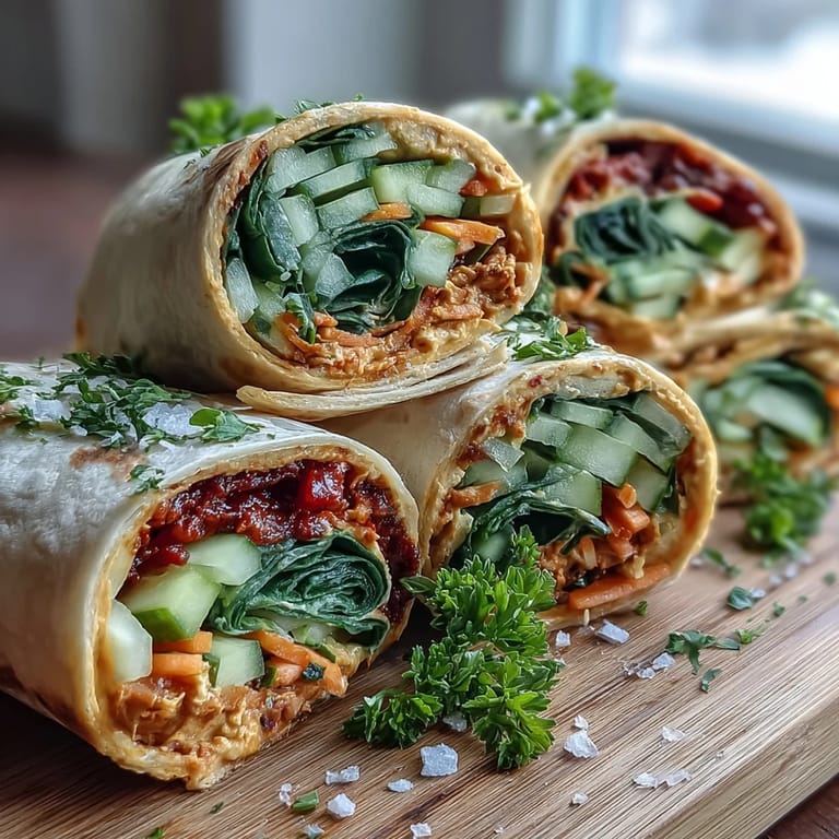 Gotowe do podania veggie wraps z suszonymi pomidorami na drewnianej desce, z dodatkiem natki pietruszki.