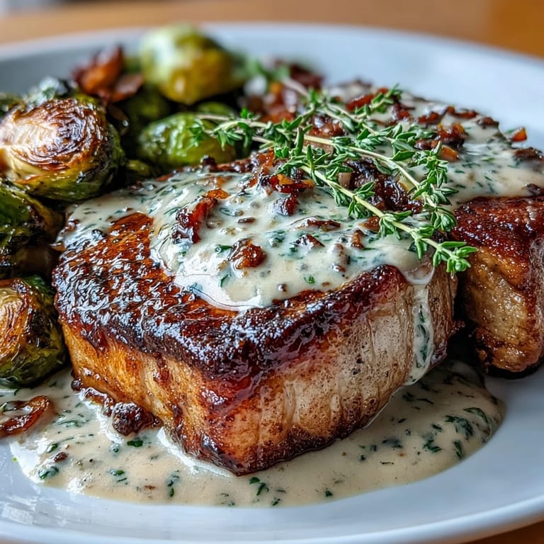 Golden-brown Keto Creamy Dijon Pork Chops, coated in velvety mustard sauce, paired with crispy Brussels sprouts for a low-carb dinner.