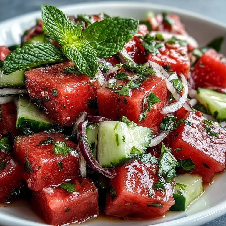 Vibrant Summer Watermelon Cucumber Mint Salad tossed with crisp cucumber cubes and juicy watermelon chunks on a rustic wooden table.