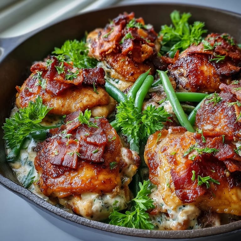 Golden crispy chicken thighs with ranch seasoning and bacon, served alongside tender green beans for dinner.
