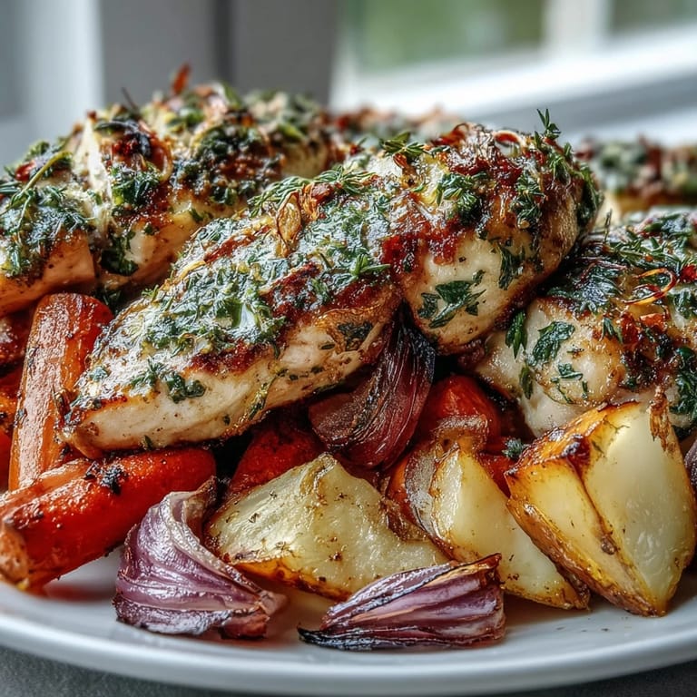 Tender Sheet Pan Herb-Crusted Chicken with Root Vegetables nestled beside sweet potatoes, carrots, and parsnips, with fresh herbs and lemon zest for brightness.