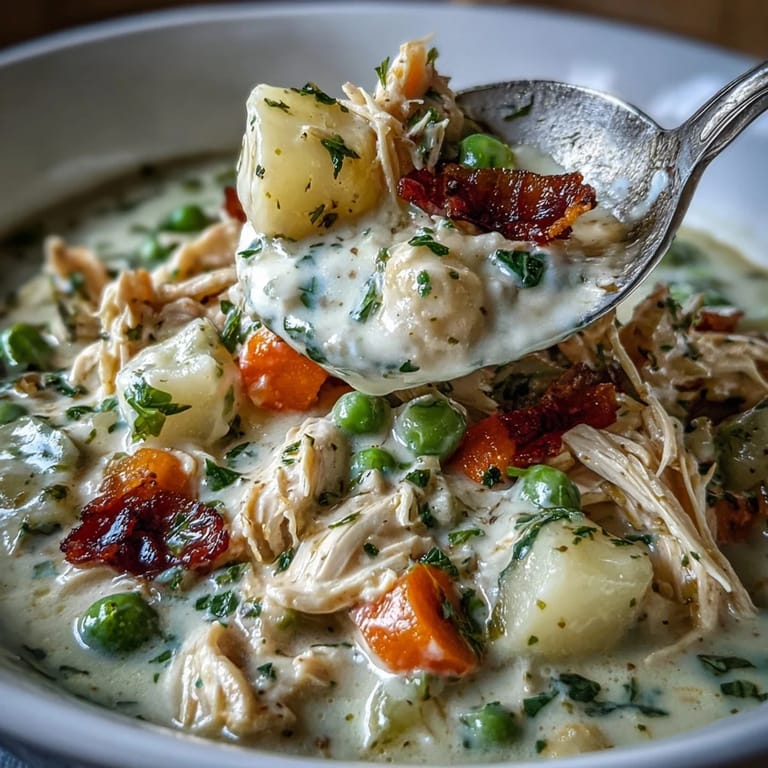 Pyszna zupa z kawałkami kurczaka, marchewką i ziemniakami w kremowym bulionie ziołowym.