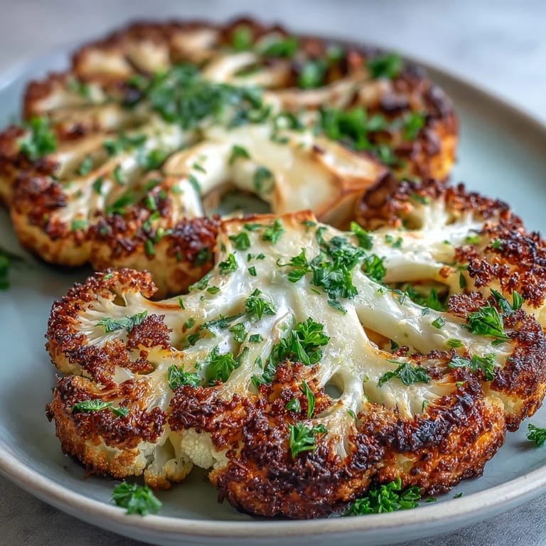 Pyszne, chrupiące kalafiorowe steki z czosnkiem i Parmezanem, podawane jako zdrowa potrawa niskowęglowodanowa.  