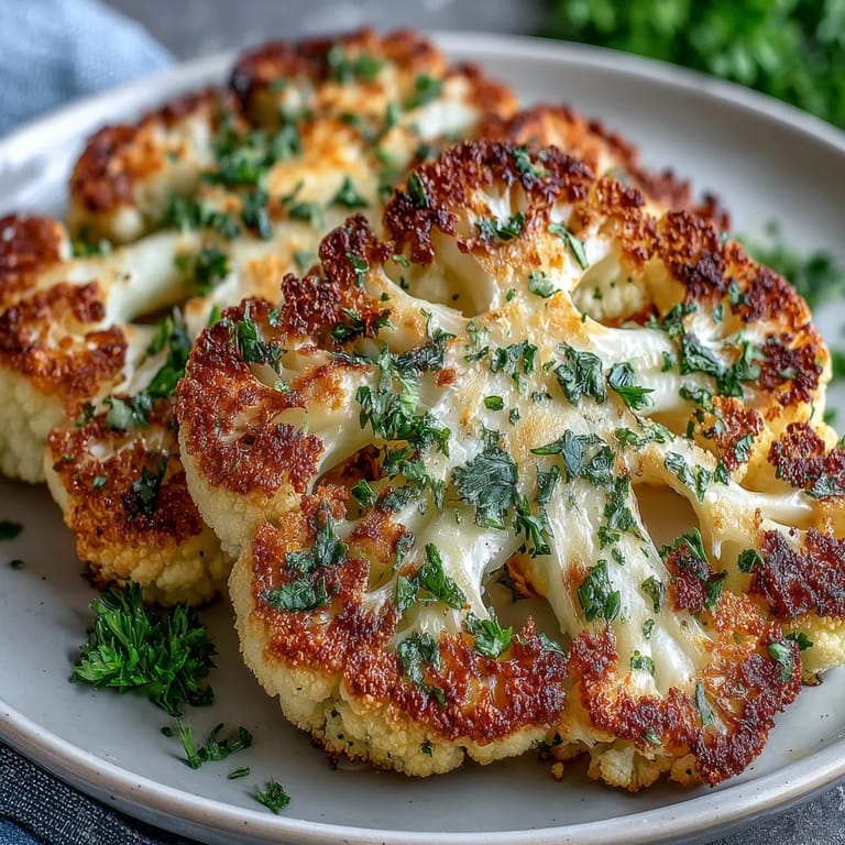 Kalafior pieczony z ziołami i czosnkiem, złocisty na zewnątrz i miękki wewnątrz, doskonały dla diety ketogenny.