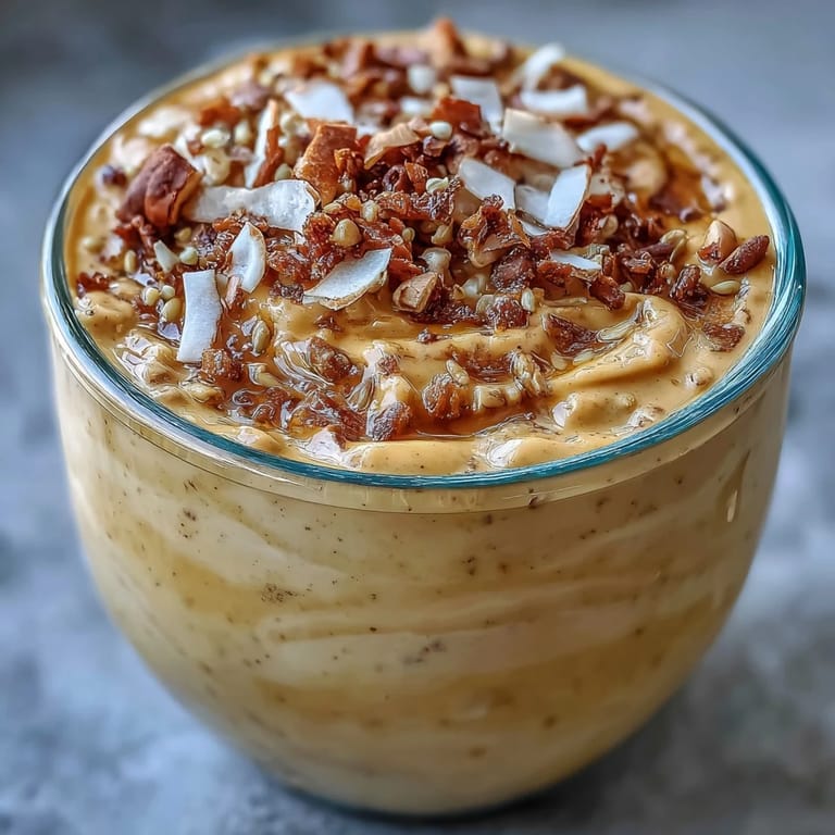 3. Nourishing vegan breakfast bowl featuring golden turmeric oats with ginger, served chilled and topped with crunchy nuts and coconut.