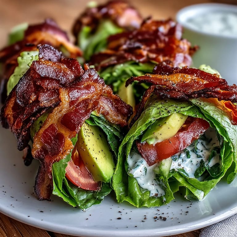 Crisp lettuce wraps filled with smoky bacon, ripe avocado, and juicy tomato, topped with creamy garlic mayo and cracked pepper  